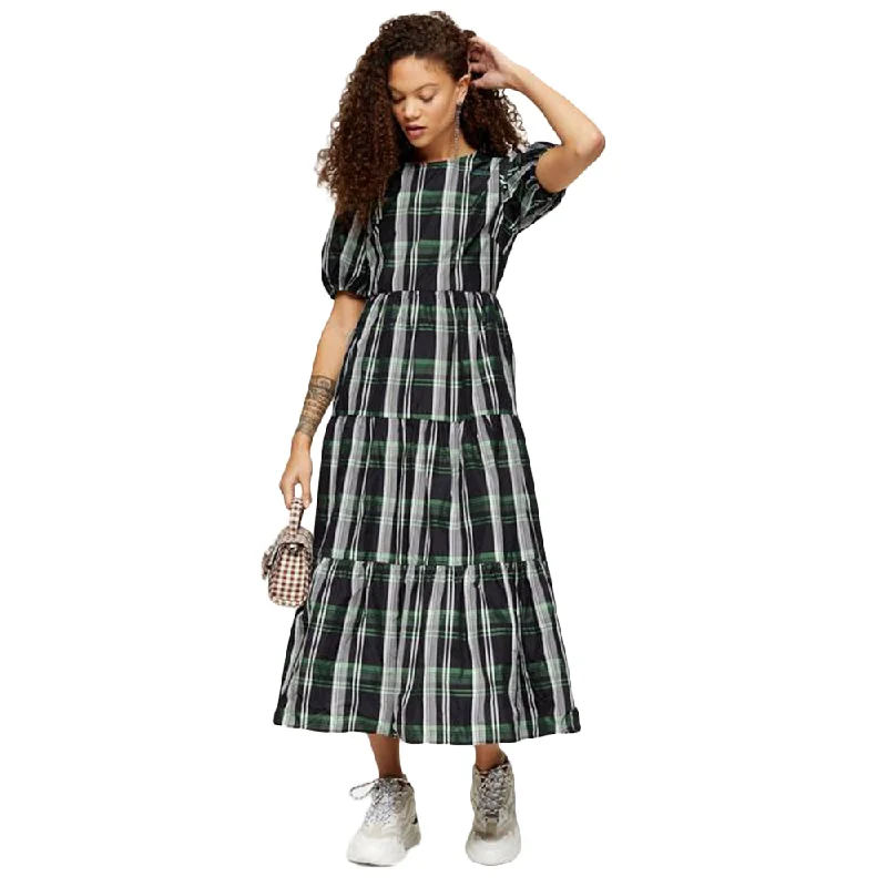 Women's Plaid Ruffle Midi Dress,Multi