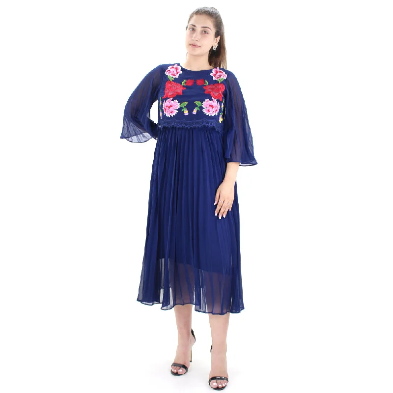 Women's Embroidered Lace Pleated Midi Dress,Navy