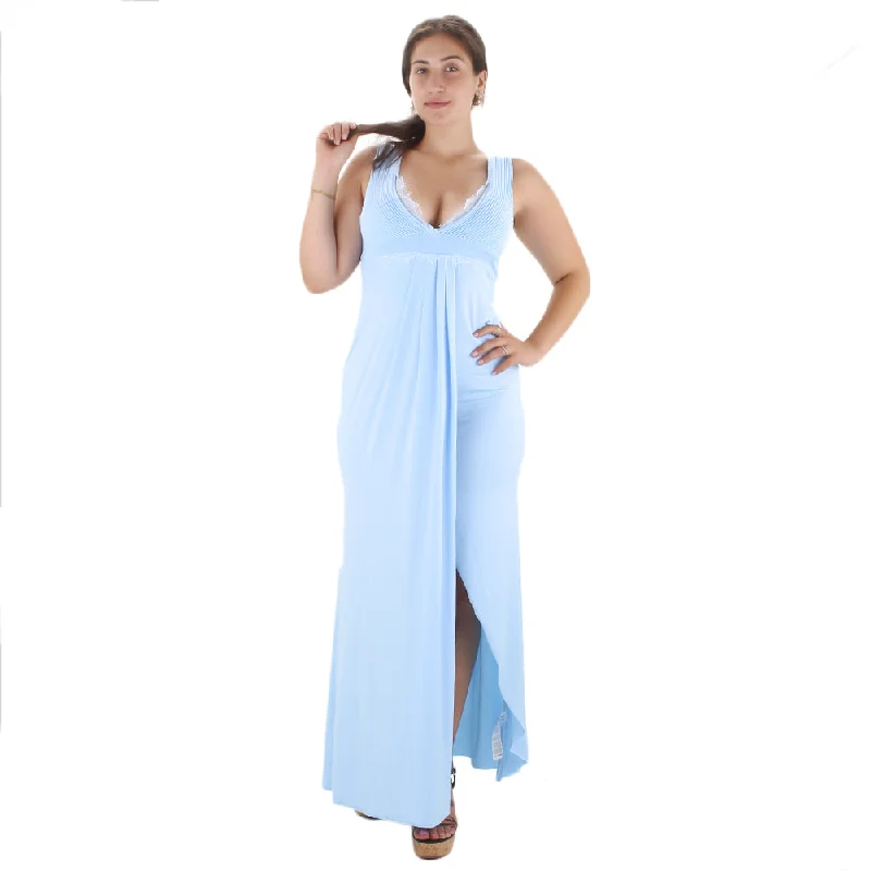 Women's Lace Trim Maxi Dress With Split,Blue