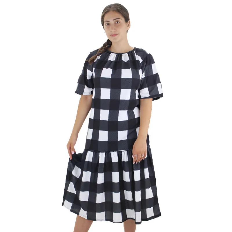 Women's Plaid Ruffle Hem Oversized Dress,White/Black