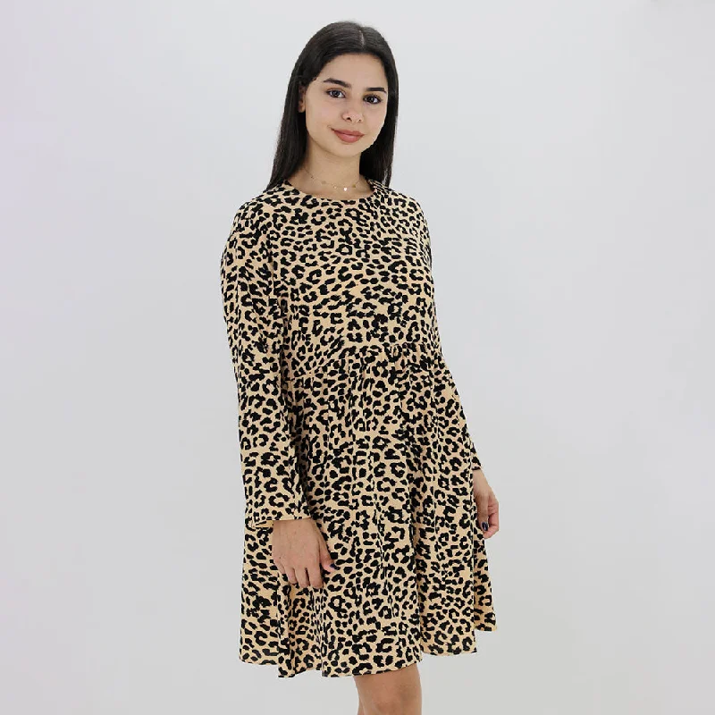 Women's Leopard Printed Regular Fit Dress,Beige