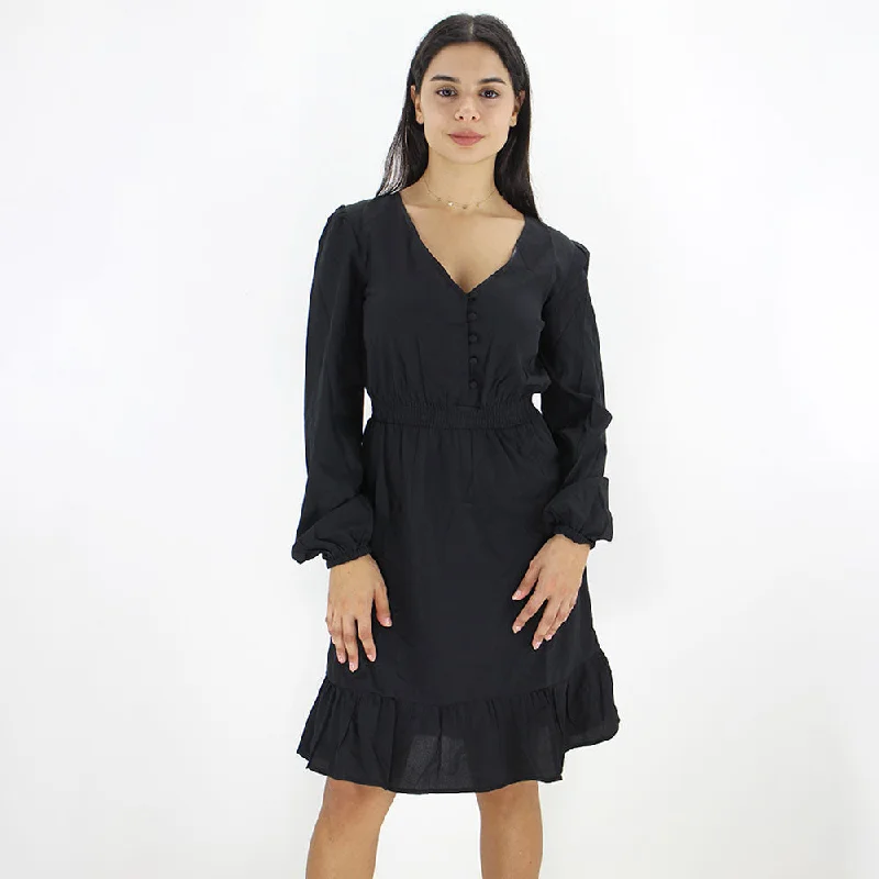 Women's Plain Ruffled Dress,Black