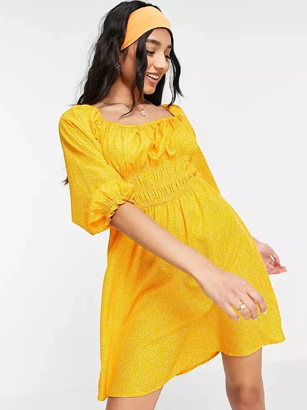 Women's Shirred Bust Puff Sleeve Mini Dress,Orange