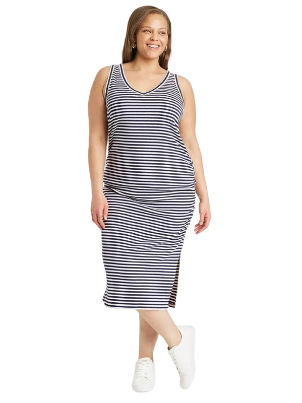 Women's Side Ruched Striped Dress,Navy/White