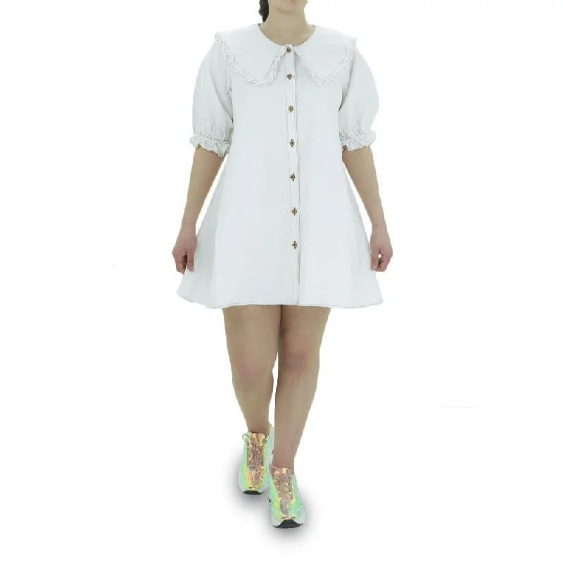 Women's Ruffle Neckline Shirt Dress,White