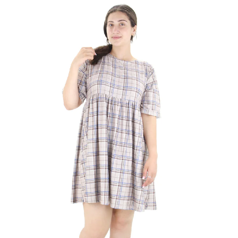 Women's Checked Short Sleeve Dress,Greige