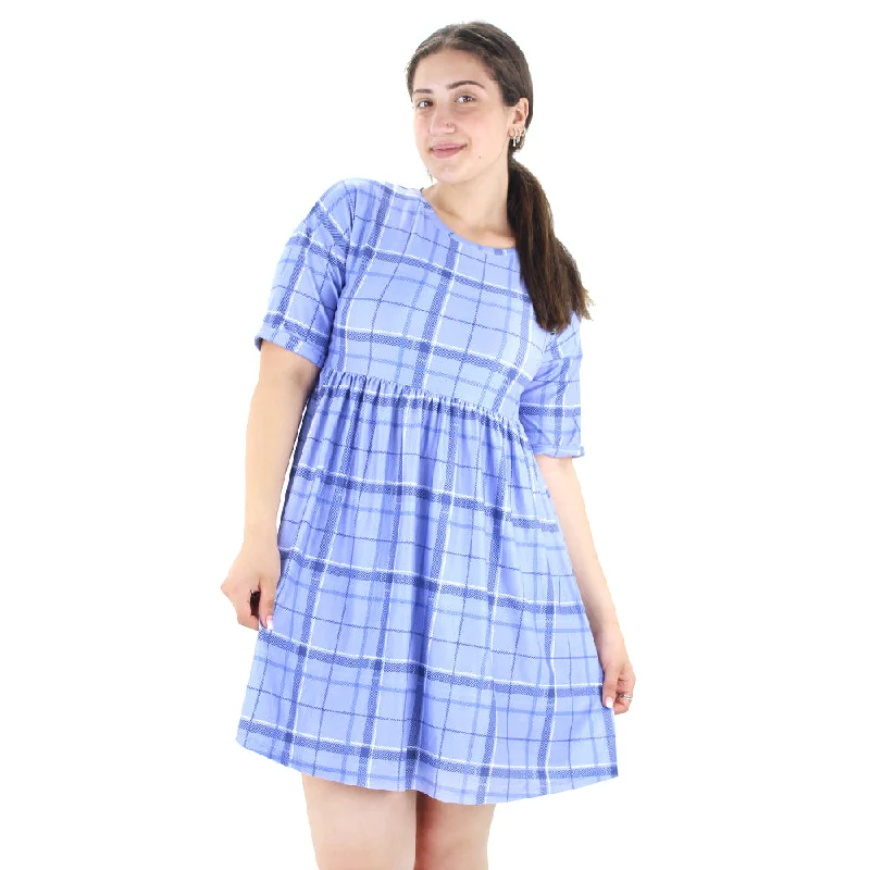 Women's Checked Short Sleeve Dress,Blue