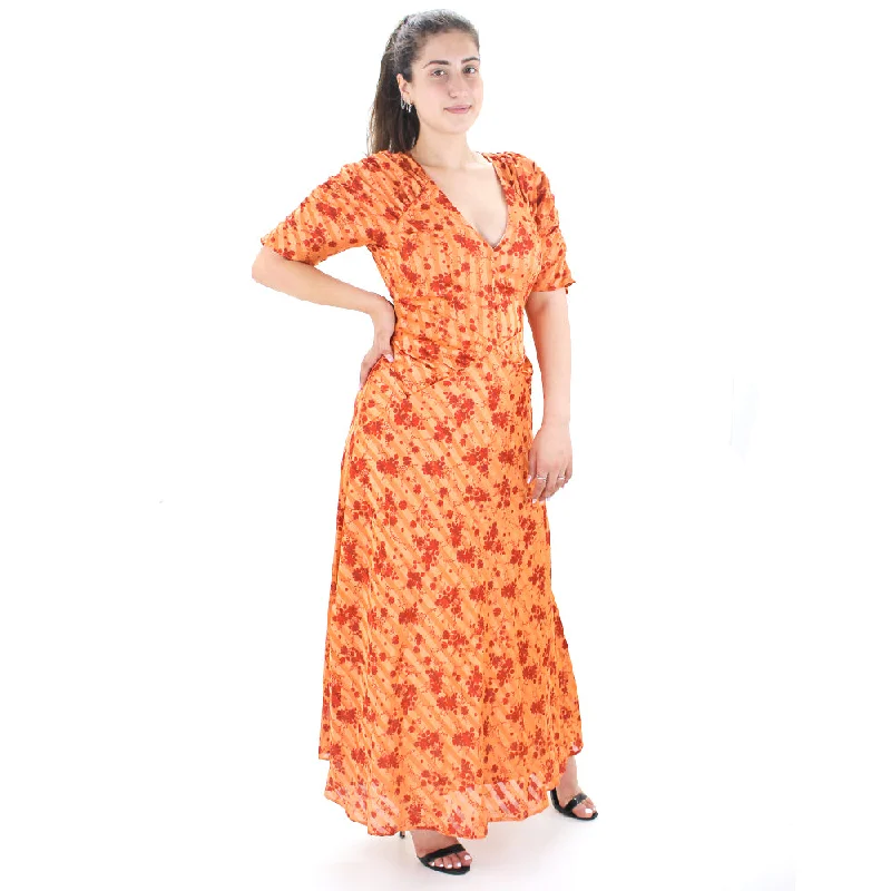 Women's Floral Print Open Back Long Dress,Orange