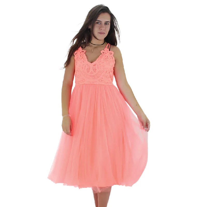 Women's Lace Top Tulle Cami Midi Dress,Neon Orange