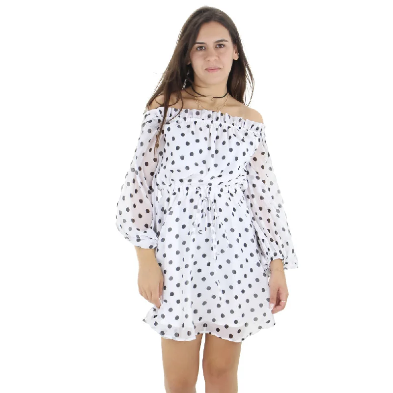 Women's Elastic Waist Polka Dots Dress,White