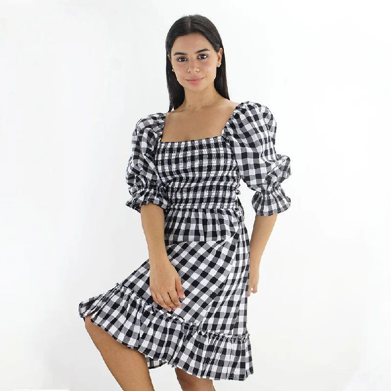 Women's Plaid Open Back Puff Sleeve Dress, Black/White