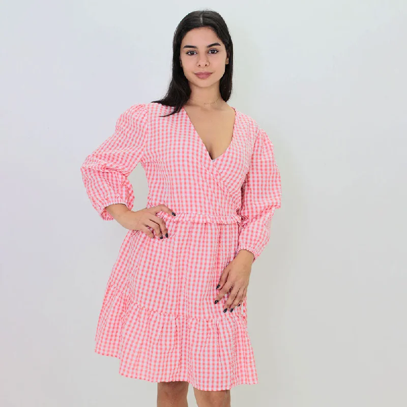 Women's Plaid Short Dress,Pink/White