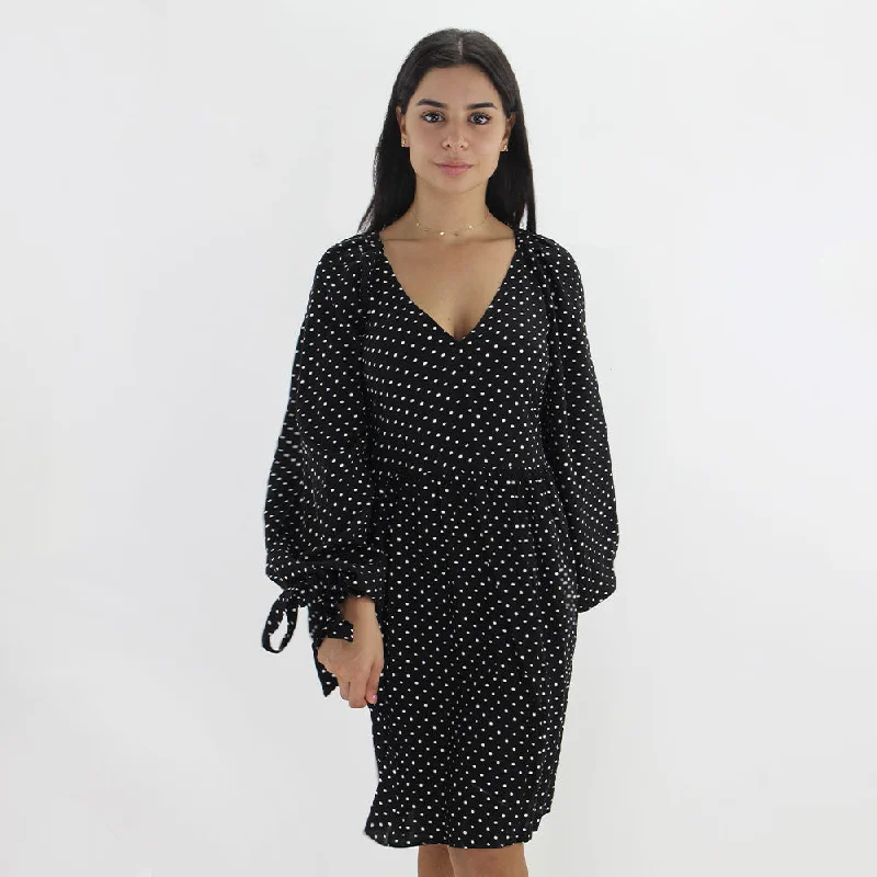 Women's Wide Sleeve Polka Dots Dress,Black