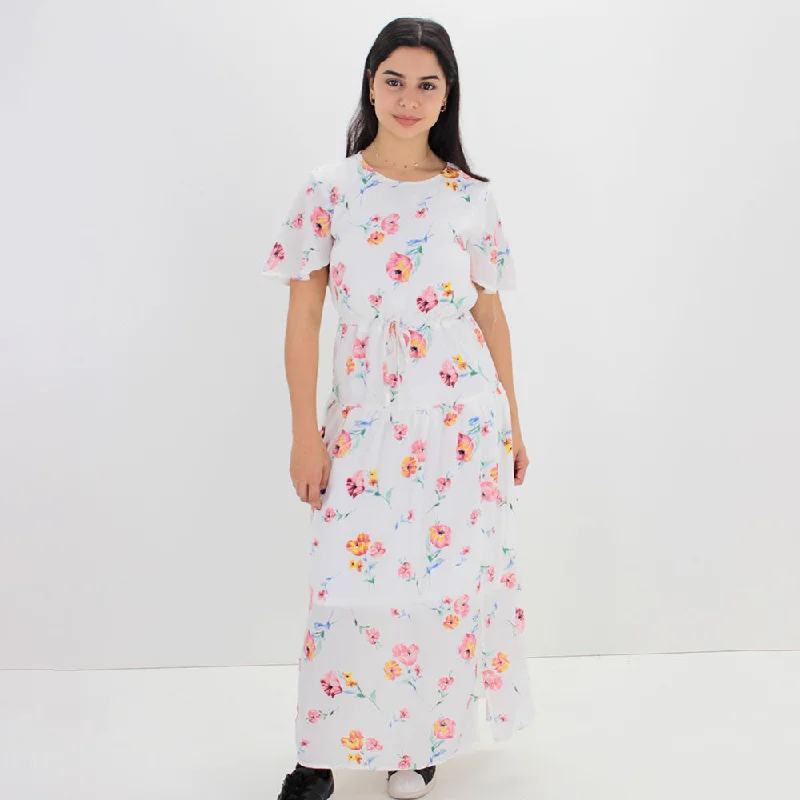 Women's Floral Long  Dress,White