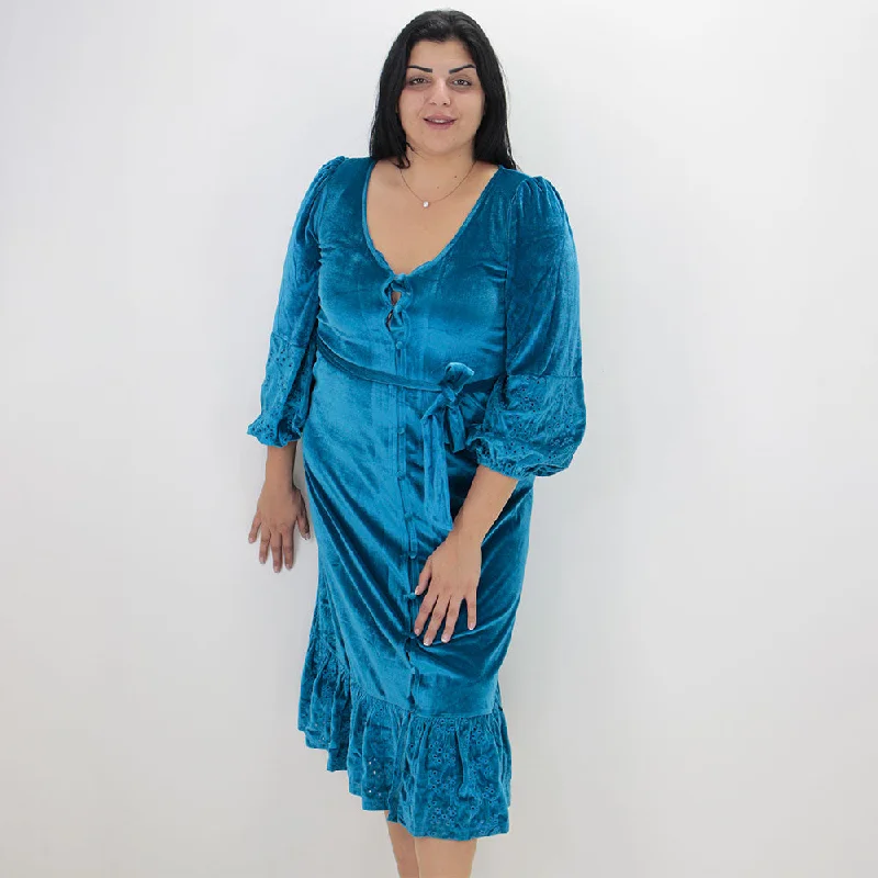 Women's Velvet Ruffled Long Dress,Blue