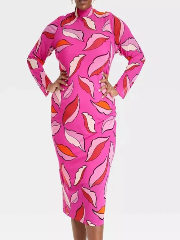 Women's Plus Size Mesh Bodycon Printed Dress,Pink