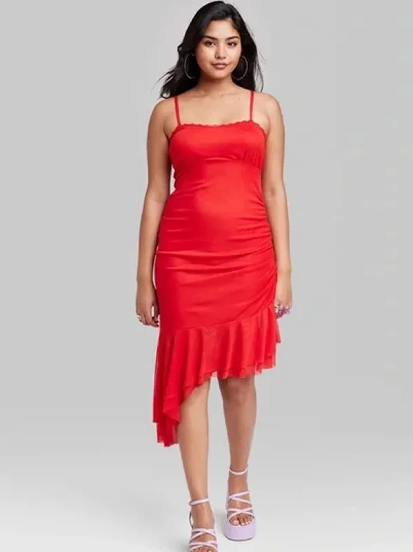 Women's Mesh Ruched Dress,Red