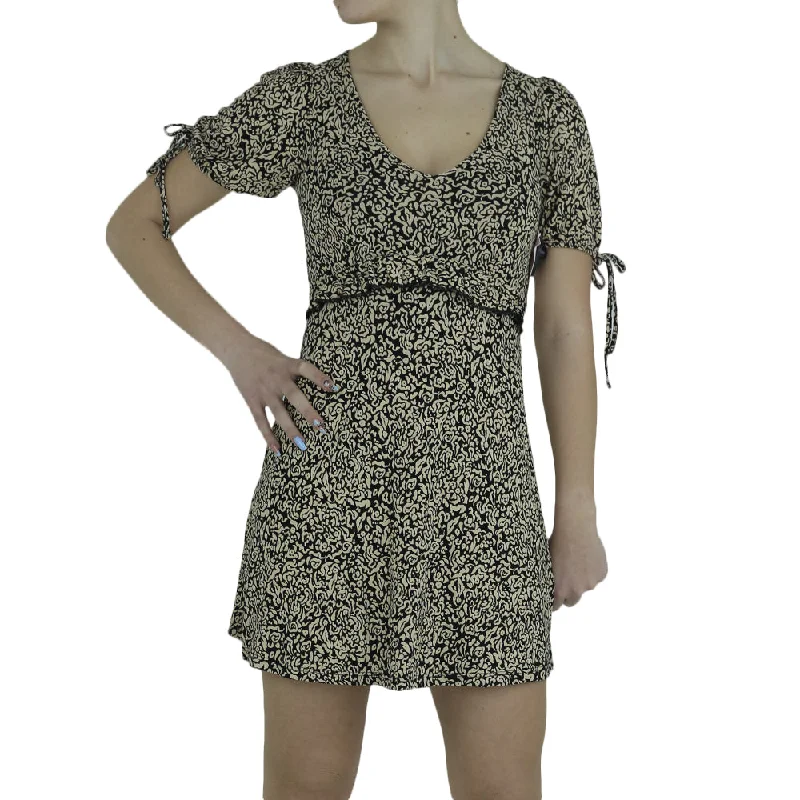 Women's Floral Tie Sleeve Mini Dress,Beige/Black