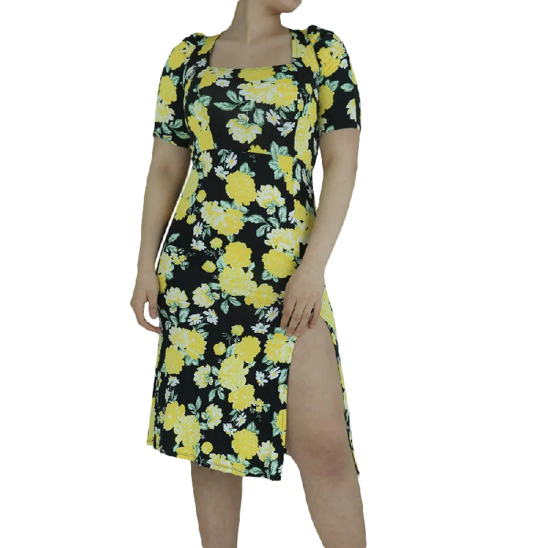 Women's Floral Square Neck Short Dress,Yellow/Black