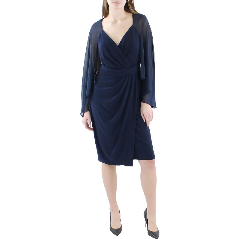 Betsy & Adam Womens Faux Wrap Cape Sleeves Cocktail and Party Dress