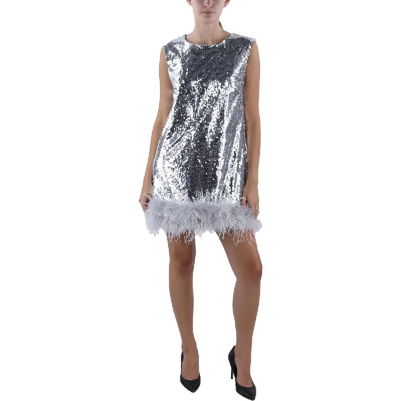 Beulah Womens Feather Trim Mini Cocktail And Party Dress