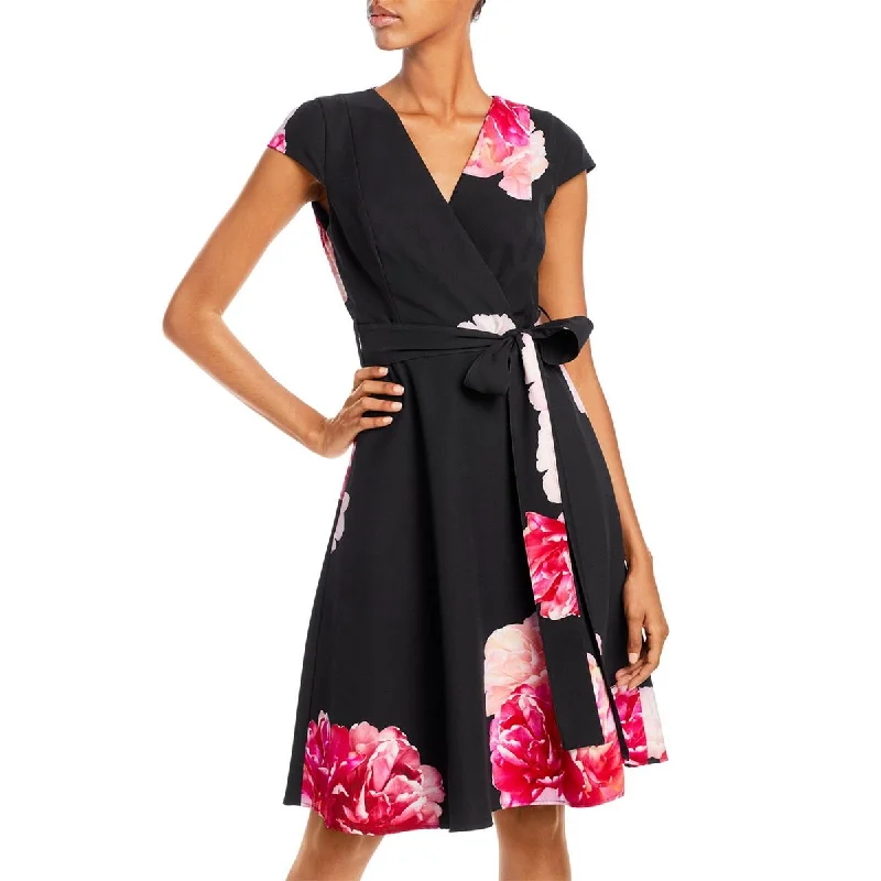 Black Halo Womens V Neck Belted Cocktail and Party Dress