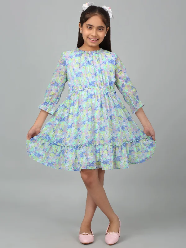 Girls Blue 3/4th Sleeves Floral Print Dress