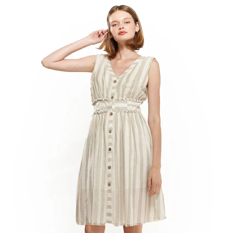 Women's Sleeveless Button Down Stripe Dress in Sage