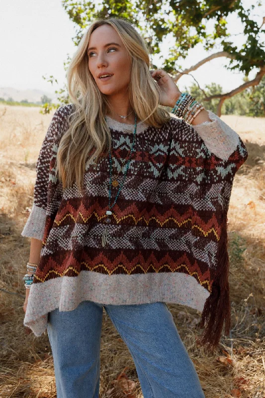 Zahra Aztec Fringe Poncho - Brown