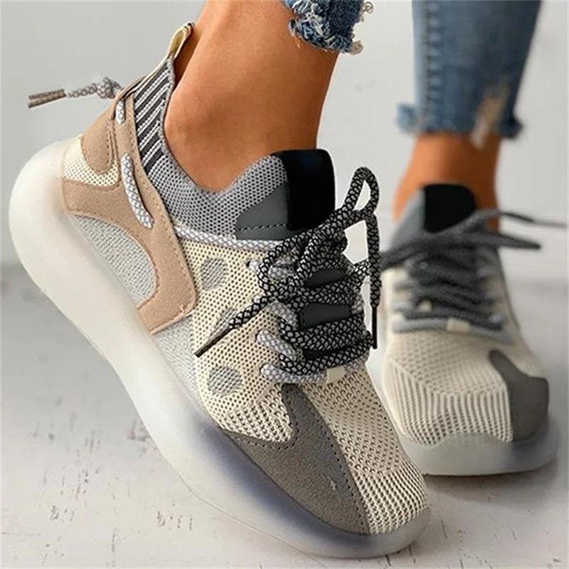 2022 Fashion Sneakers Women All Season Colorblock Lace Up Breathable Knit Casual Sneakers Womens Flat Shoes Casual Loafer Style          