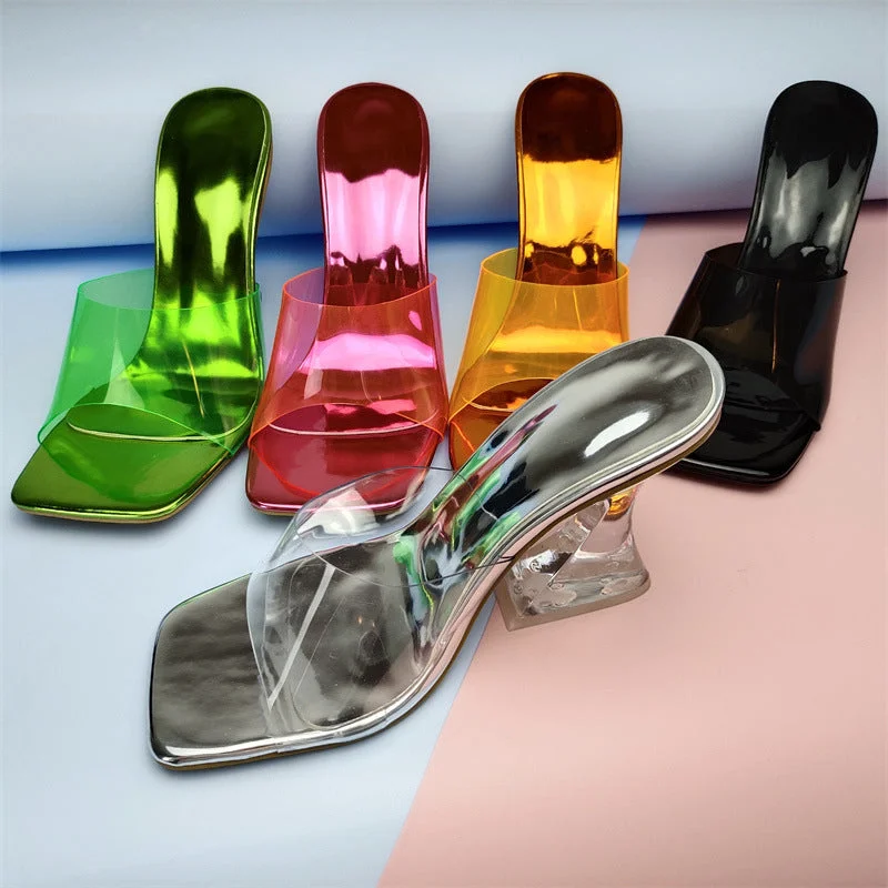 2022 Wholesale Korean Summer Fashion PU Clear Transparent block heel glass high heeled shoes Women's Sandals Beaded Moccasin Design 2022 Wholesale Korean Summer Fashion PU Clear Transparent block heel glass high heeled shoes Women's Sandals Beaded Moccasin Design