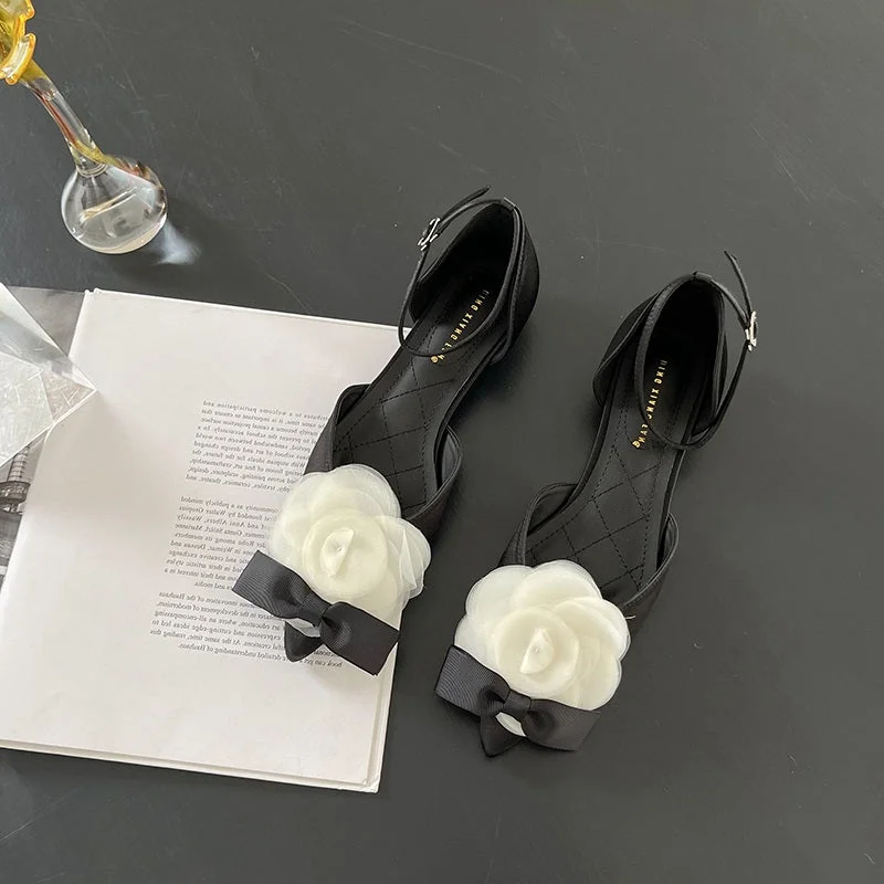2023 spring and summer new products pointed toe shallow mouth single shoes fashion sweet flower decoration buckle flat four seas Skateboarding Sneaker Style  