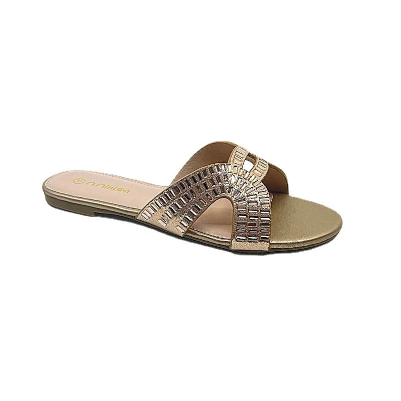 2023 Summer Fashion Women Rhinestone One-word Outdoor Slippers Flat Peep Toe Sandals Round toe luxury shoes For Ladies Quilted Shoe Design 2023 Summer Fashion Women Rhinestone One-word Outdoor Slippers Flat Peep Toe Sandals Round toe luxury shoes For Ladies Quilted Shoe Design