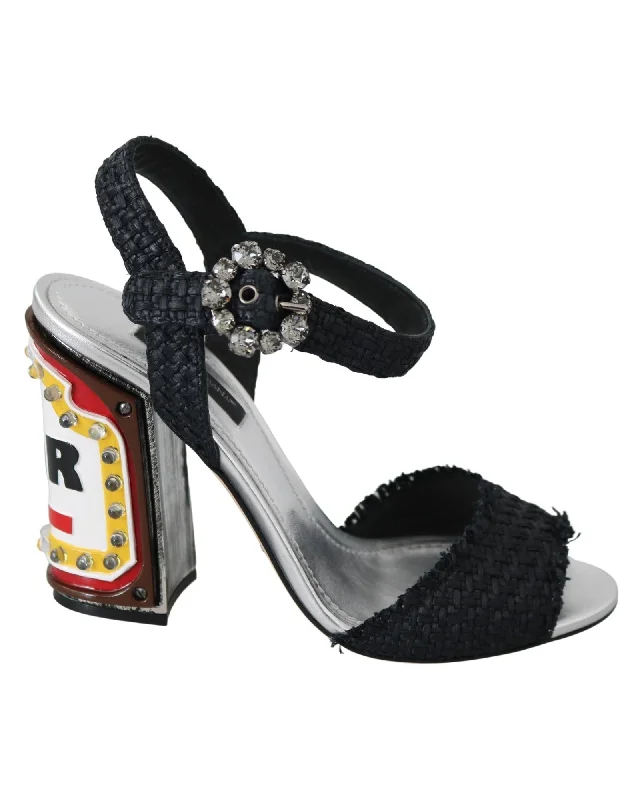 Dolce & Gabbana Womens Raffia Sandals with Crystal Buckle Memory - Foam Slipper Look  