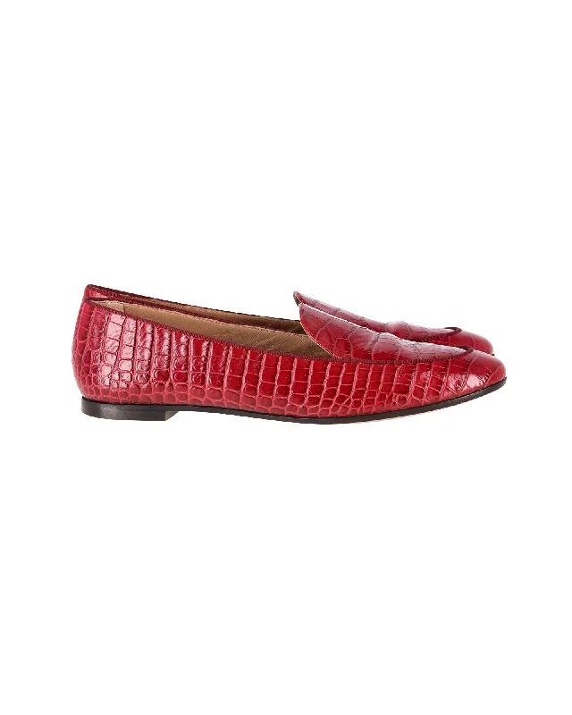 Aquazurra Loafers in Red Croc-Effect Leather Paisley Print Shoe Design  