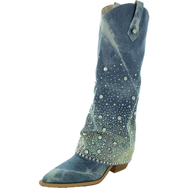 AZALEA WANG Womens Mellow Denim Pointed Toe Knee-High Boots Combat - Inspired Military Boot Look  