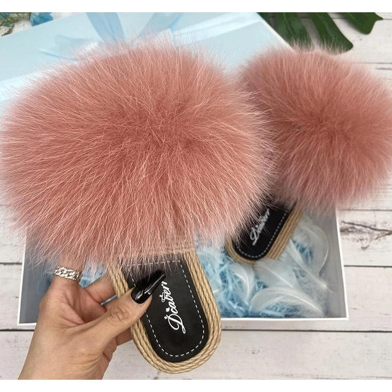 Bean Paste Natural Fox Real Fur Synthetic Straw Flip Flops Sandals for Women Cowboy Boot Western Style  