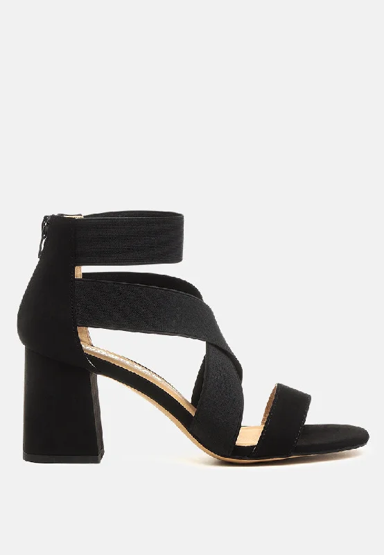 Benicia Elastic Strappy Block Heel Sandals Metallic Trim Shoe Design  