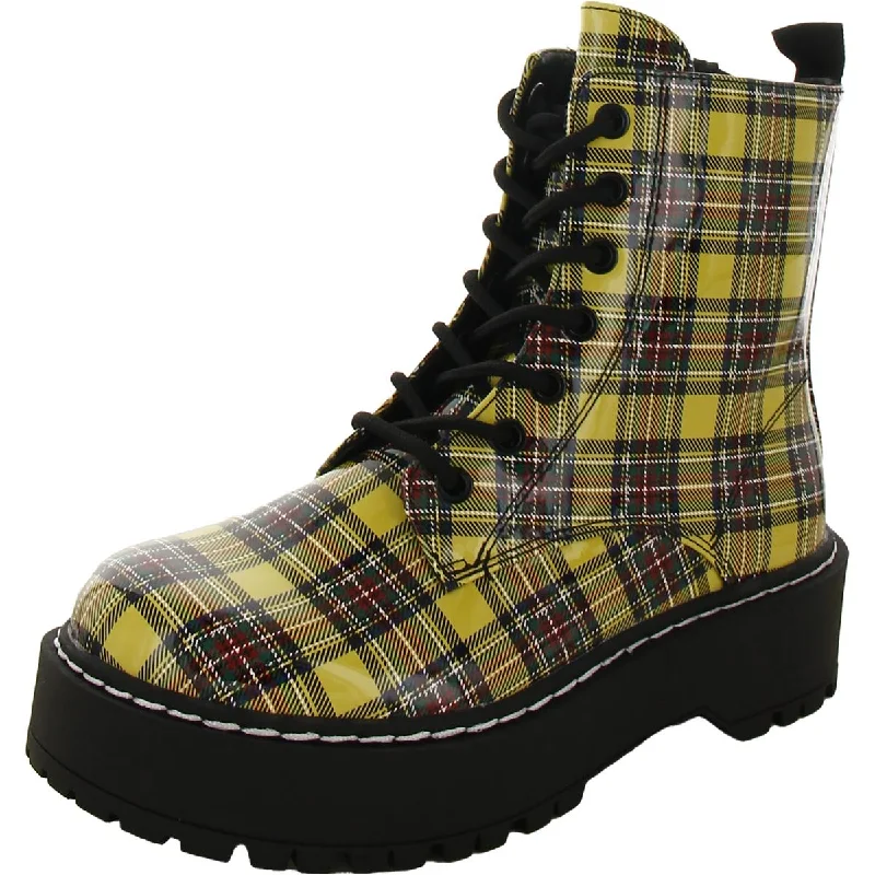 Betsey Johnson Womens T-RAVEN Patent Leather Lugged Sole Combat & Lace-Up Boots Open - Lacing Derby Look  