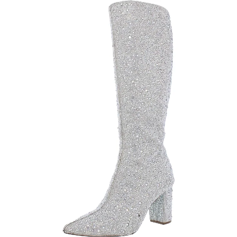 Blue by Betsey Johnson Womens Candy Rhinestones Covered Heel Knee-High Boots Blue Coast Loafer Aesthetic 