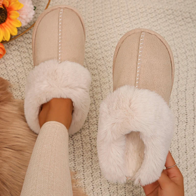 Closed Toe Warm Cotton Slippers Women Faux Fur Thicken Plush Winter Home Shoes Woman Lightweight Casual Indoor Slides Female Blue Coast Loafer Aesthetic 