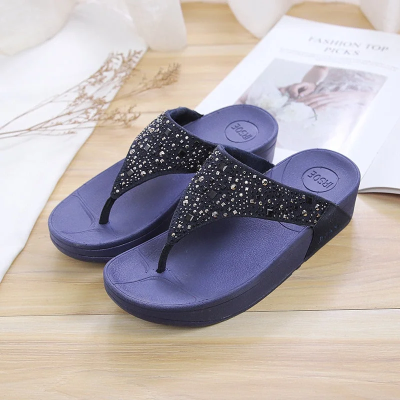 Deep Blue Summer Crystal Diamond Gem Flat Slippers for Women Single - Buckle Monk Look  