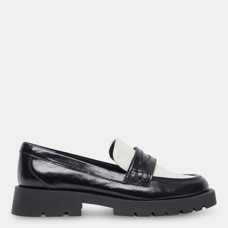 Elias Wide Flats Black White Crinkle Patent Paisley Print Shoe Design  