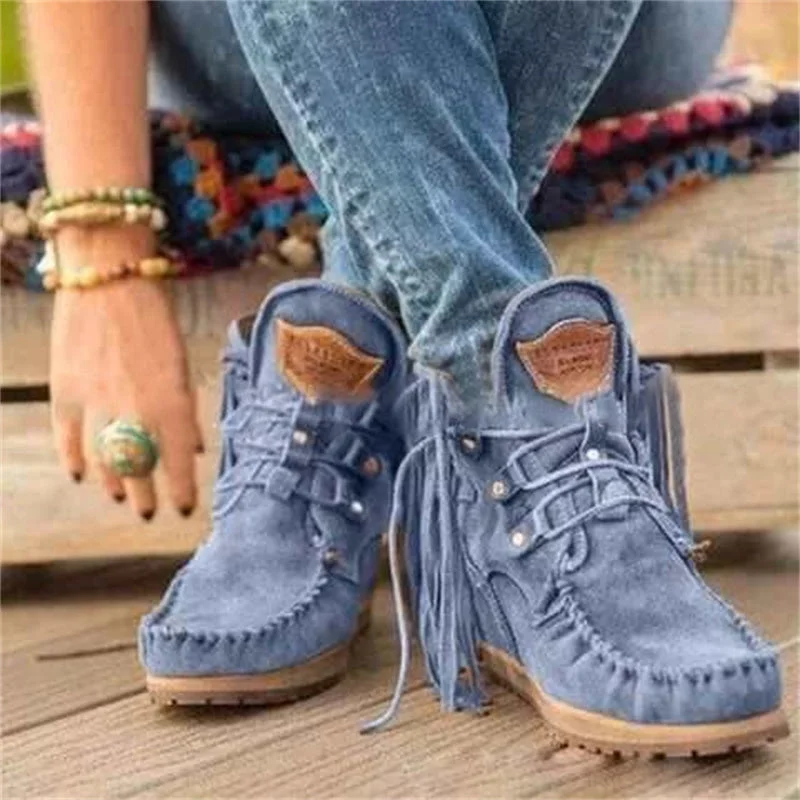 Fall Winter Latest Blue Tassel Boots Lace Up Shoes Low Heel Comfortable Flat Boots For Womens Ankle Boots Glow - in - the - Dark Shoe Design  