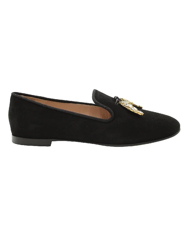 Giuseppe Zanotti Embellished Shark Tooth Smoking Slippers in Black Suede Tailored Oxford Style 