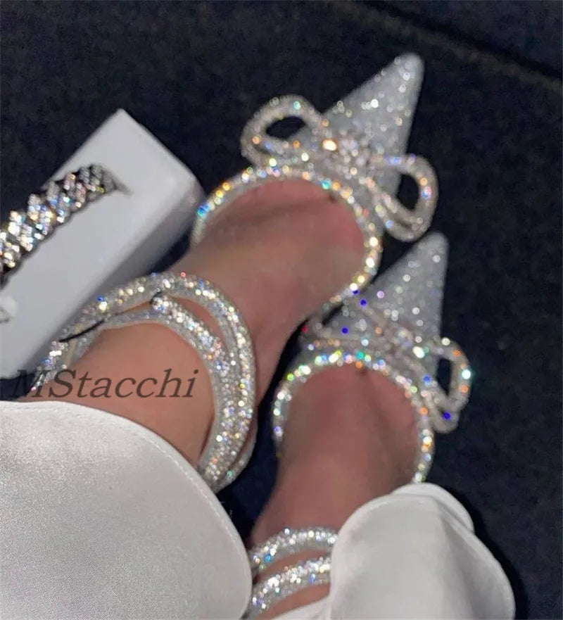 Glitter Rhinestones Women Pumps Crystal Bowknot Satin Sandals 2024 Summer Transparent Shoes High Heels Party Prom Designer Shoes Moccasin Soft - Sole Style  