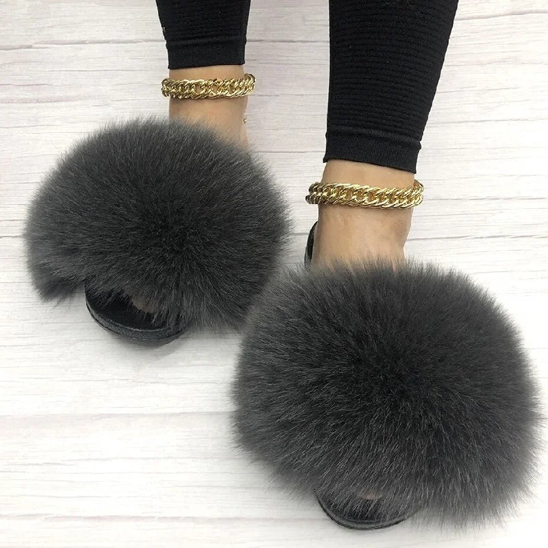Gray Summer Indoor Fox Big Fur Fluffy House Slippers for Women Slide Sandal Beach Style  