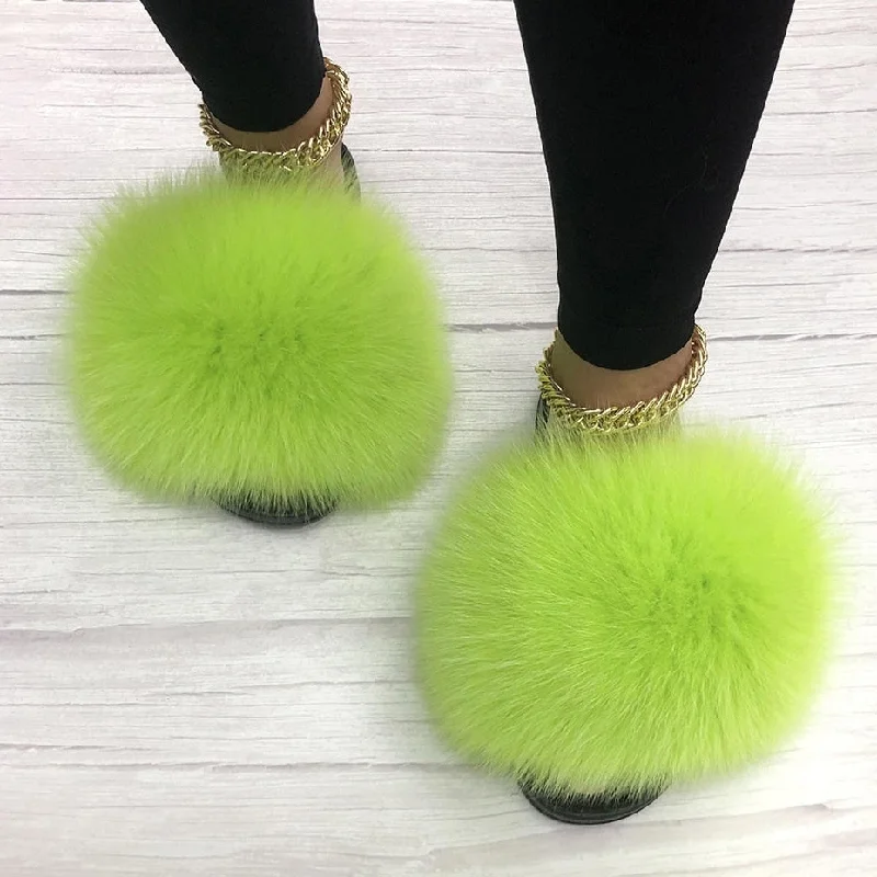Green Summer Indoor Fox Big Fur Fluffy House Slippers for Women Hemp - Material Shoe Style  