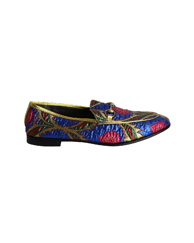 Gucci Jordaan Loafers in Multicolor Jacquard Fabric Striped Shoe Style  