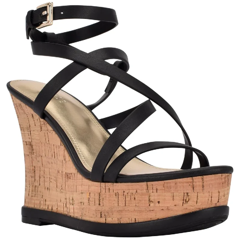 Guess Womens DEEDRA Faux Leather Wedge Sandals Checkered Shoe Pattern Look  
